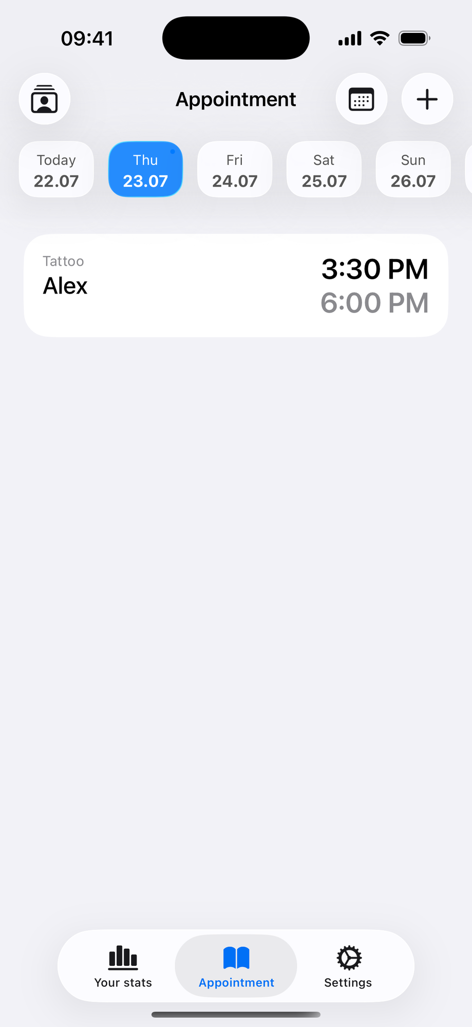 The Appointment screen in My Clients showing a tattoo booking for Alex from 3:30 PM to 6:00 PM on Thursday
