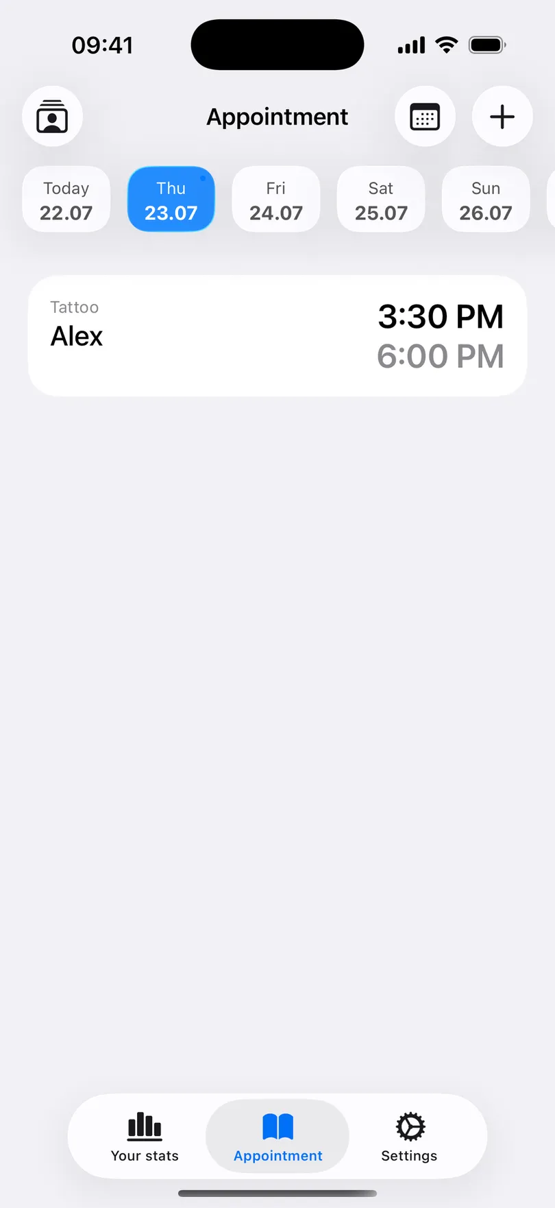 An appointment in My Clients: a tattoo session for Alex from 3:30 PM to 6:00 PM on Thursday