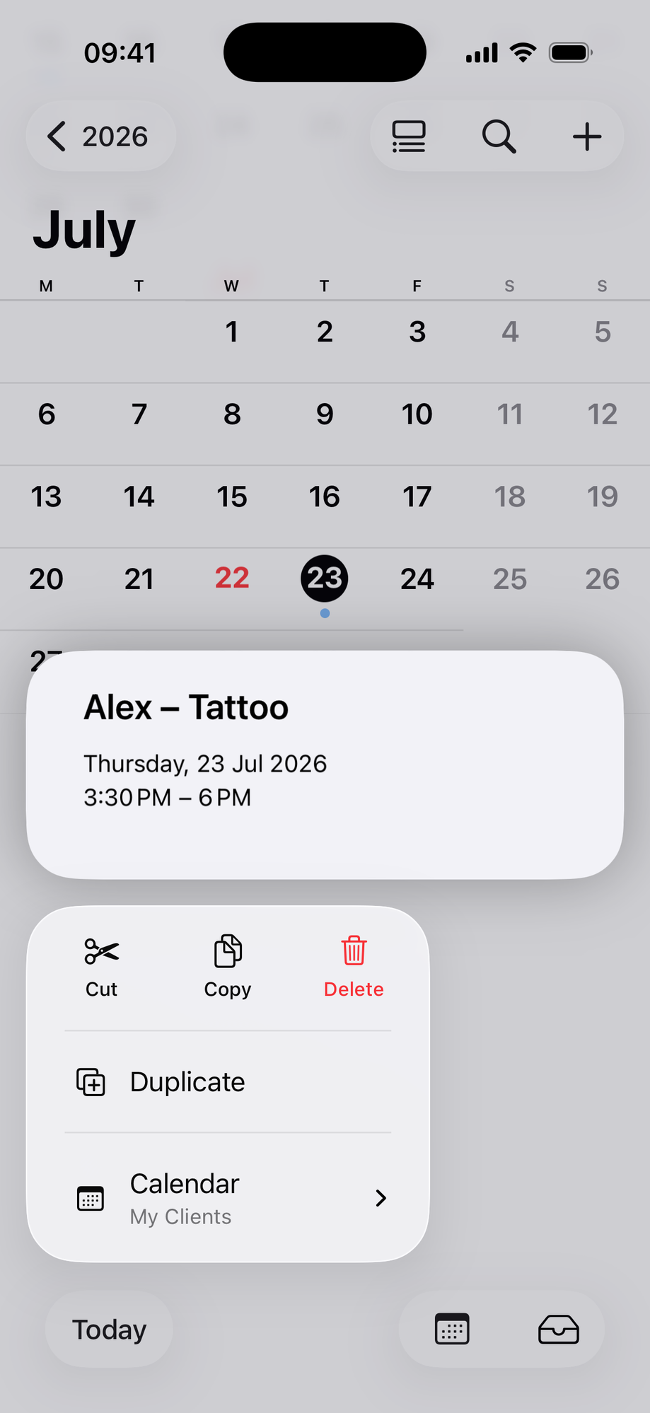 Apple Calendar showing the event Alex – Tattoo on 23 July, assigned to a calendar named My Clients