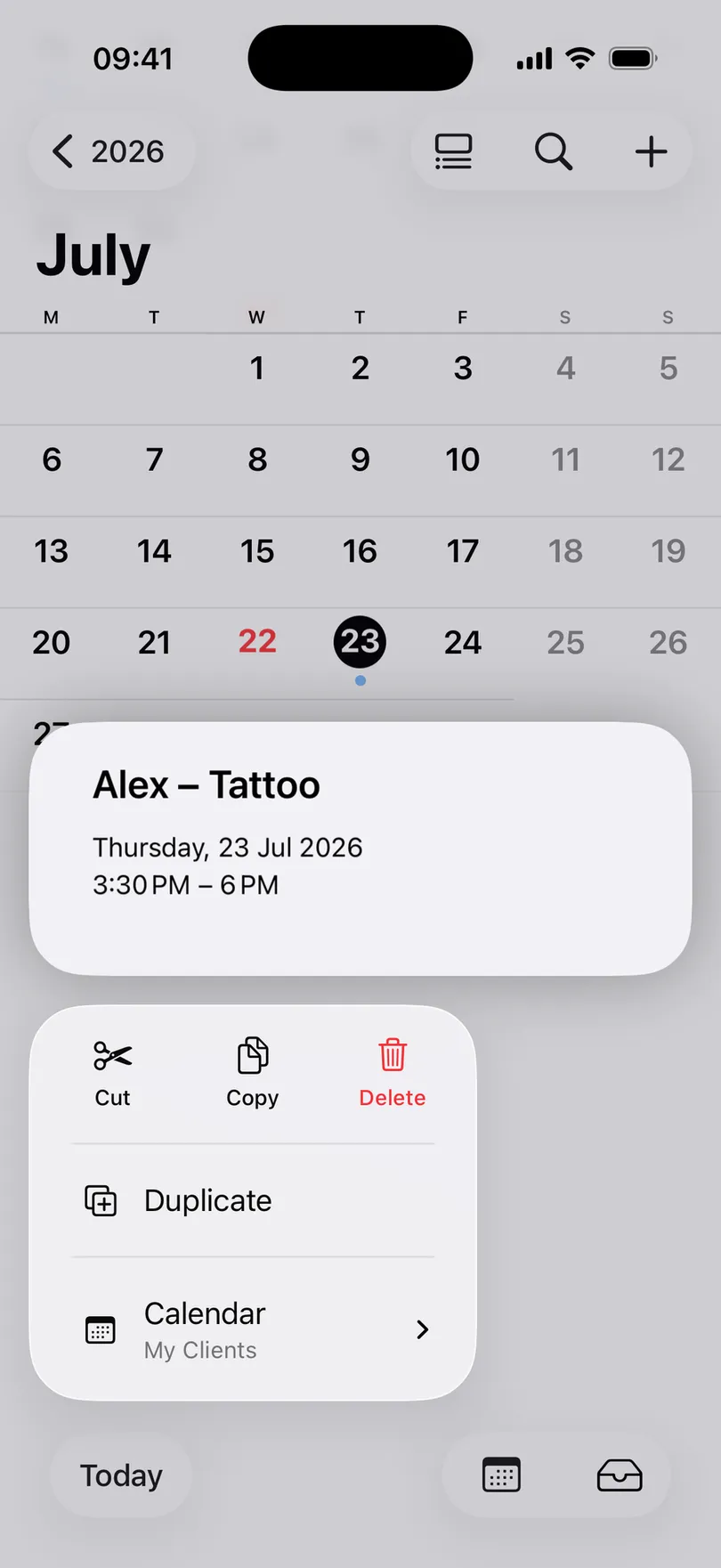 Apple Calendar showing the event Alex – Tattoo on 23 July, assigned to a calendar named My Clients