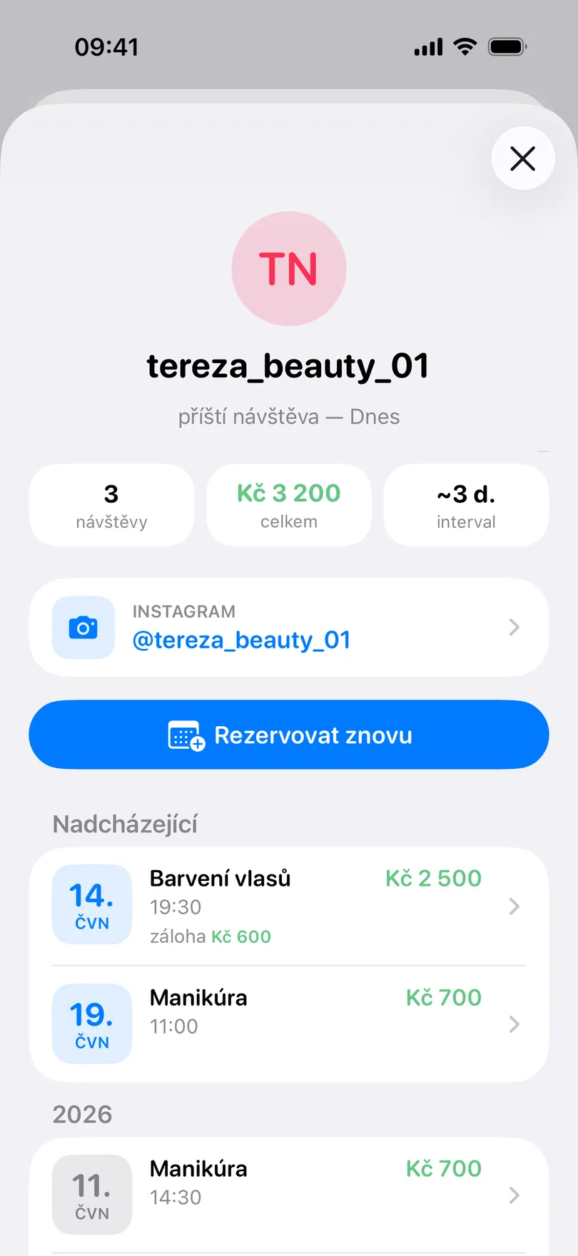 Stránka klientky tereza_beauty_01 v aplikaci My Clients: iniciály TN, příští návštěva dnes, dlaždice 3 návštěvy, 3 200 Kč celkem a interval asi 3 dny, řádek Instagram, tlačítko Rezervovat znovu a nadcházející termíny se zálohou