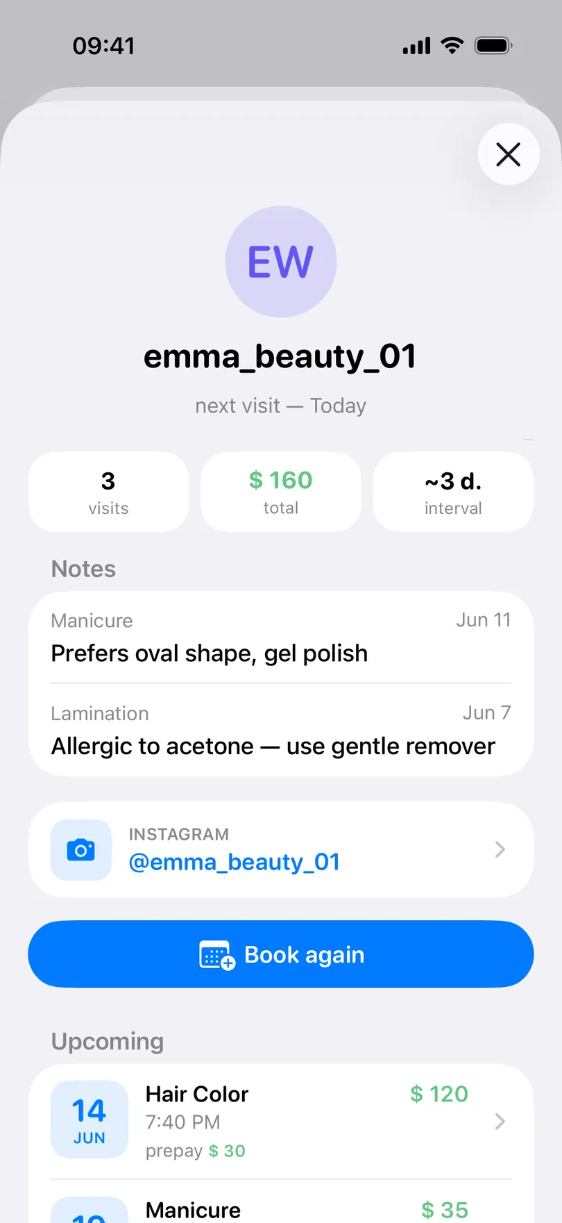 A client page in My Clients: avatar and Instagram handle, next visit, tiles for visits, total and interval, two recent notes, the Instagram row, a Book again button and upcoming appointments