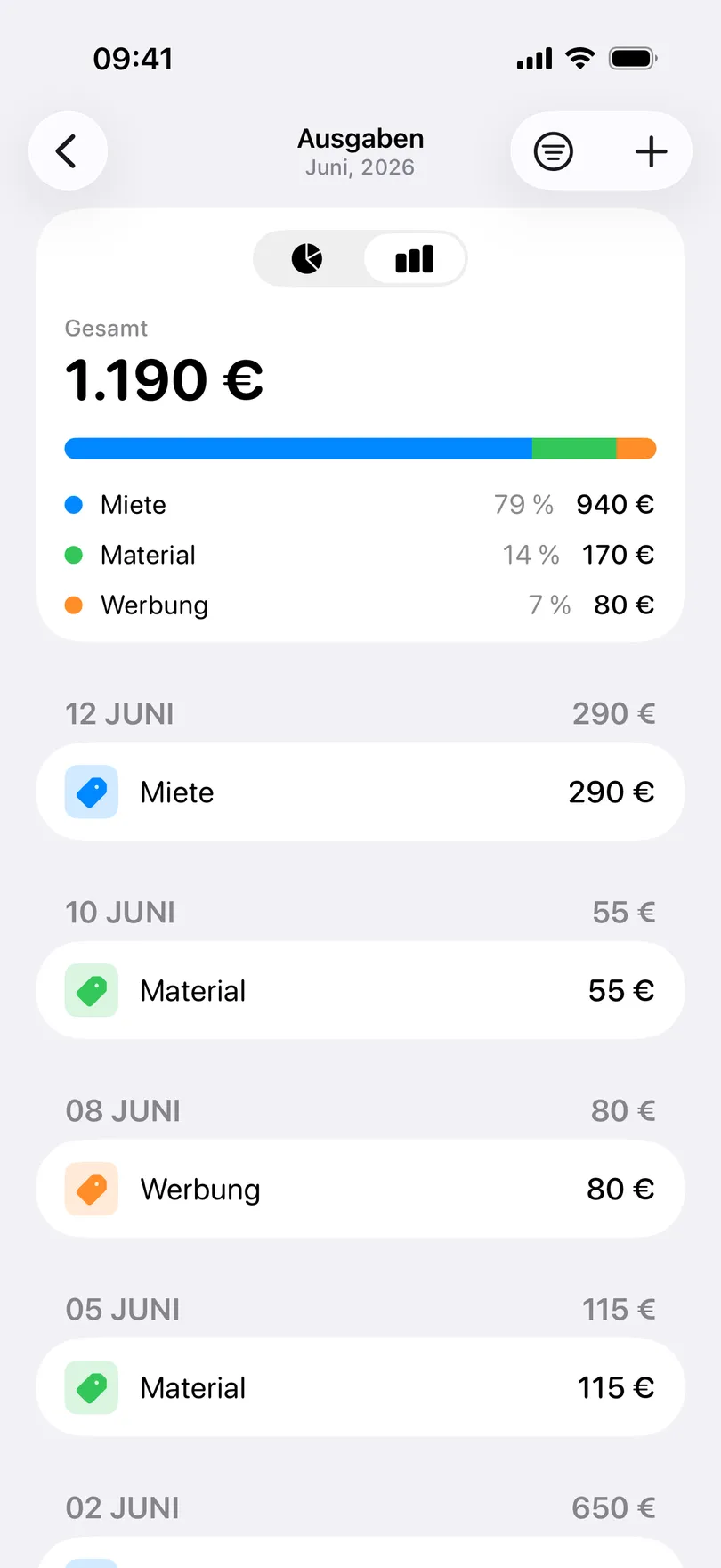 Der Bildschirm „Ausgaben“ in My Clients für Juni 2026: Gesamt 1.190 €, ein Balken nach Kategorien – Miete 940 €, Material 170 €, Werbung 80 € – und darunter die Ausgaben nach Datum