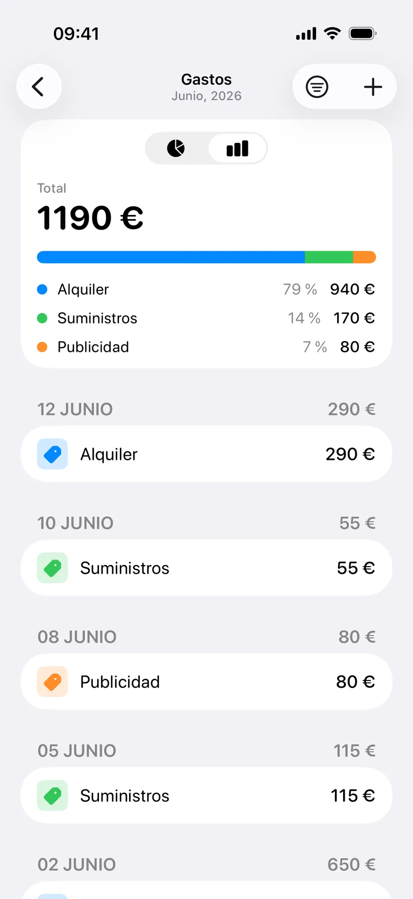 La pantalla Gastos de My Clients en junio de 2026: 1190 € en total, una barra repartida por categorías (Alquiler, Suministros y Publicidad) y la lista de gastos por fecha