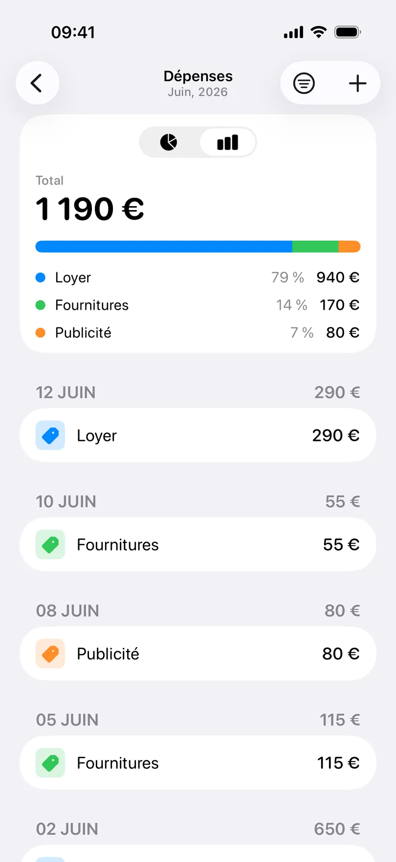 L’écran Dépenses de My Clients pour juin 2026 : 1 190 € au total, une barre répartie entre Loyer (940 €), Fournitures (170 €) et Publicité (80 €), puis la liste des dépenses par date