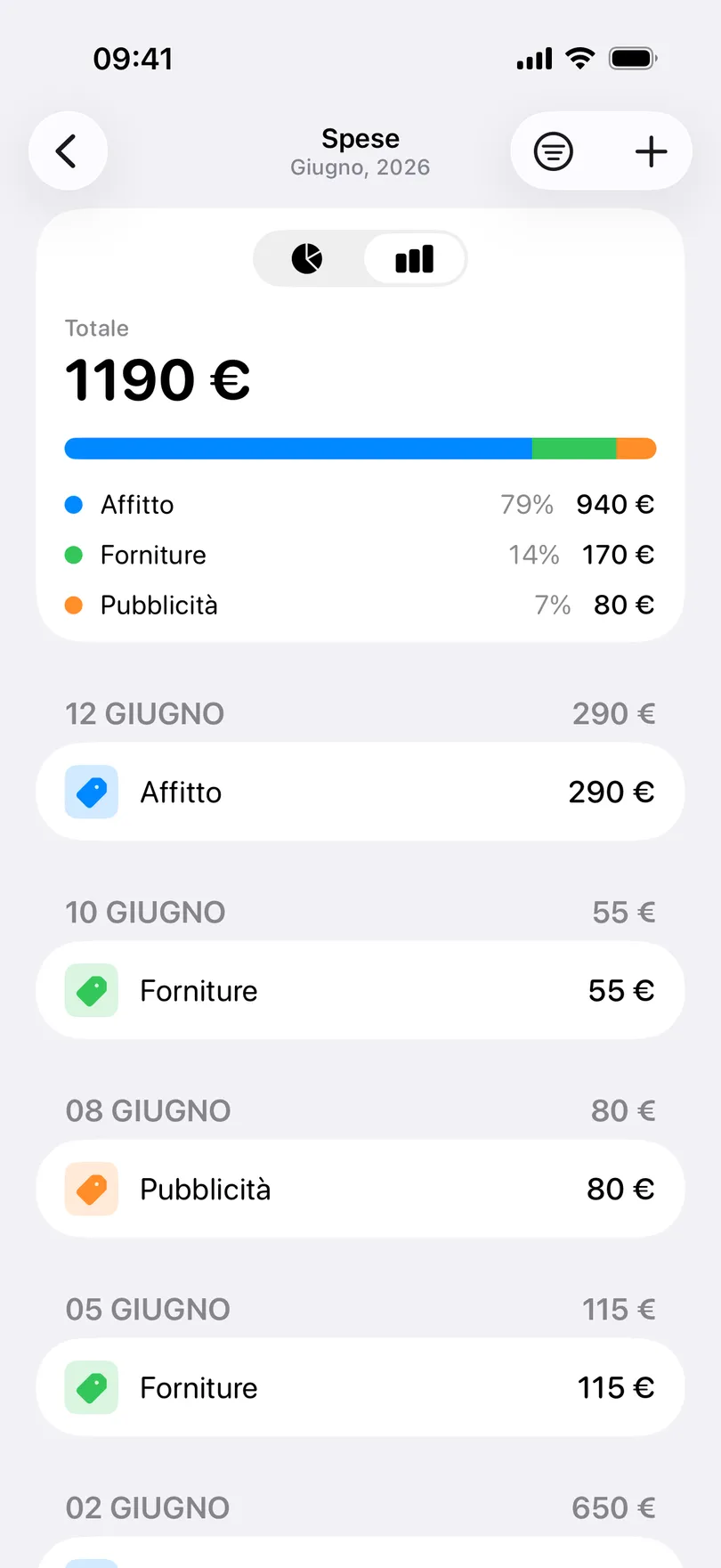 La schermata Spese di My Clients per giugno 2026: un totale di 1190 €, una barra divisa per categoria (Affitto 940 €, Forniture 170 €, Pubblicità 80 €) e l’elenco delle spese per data