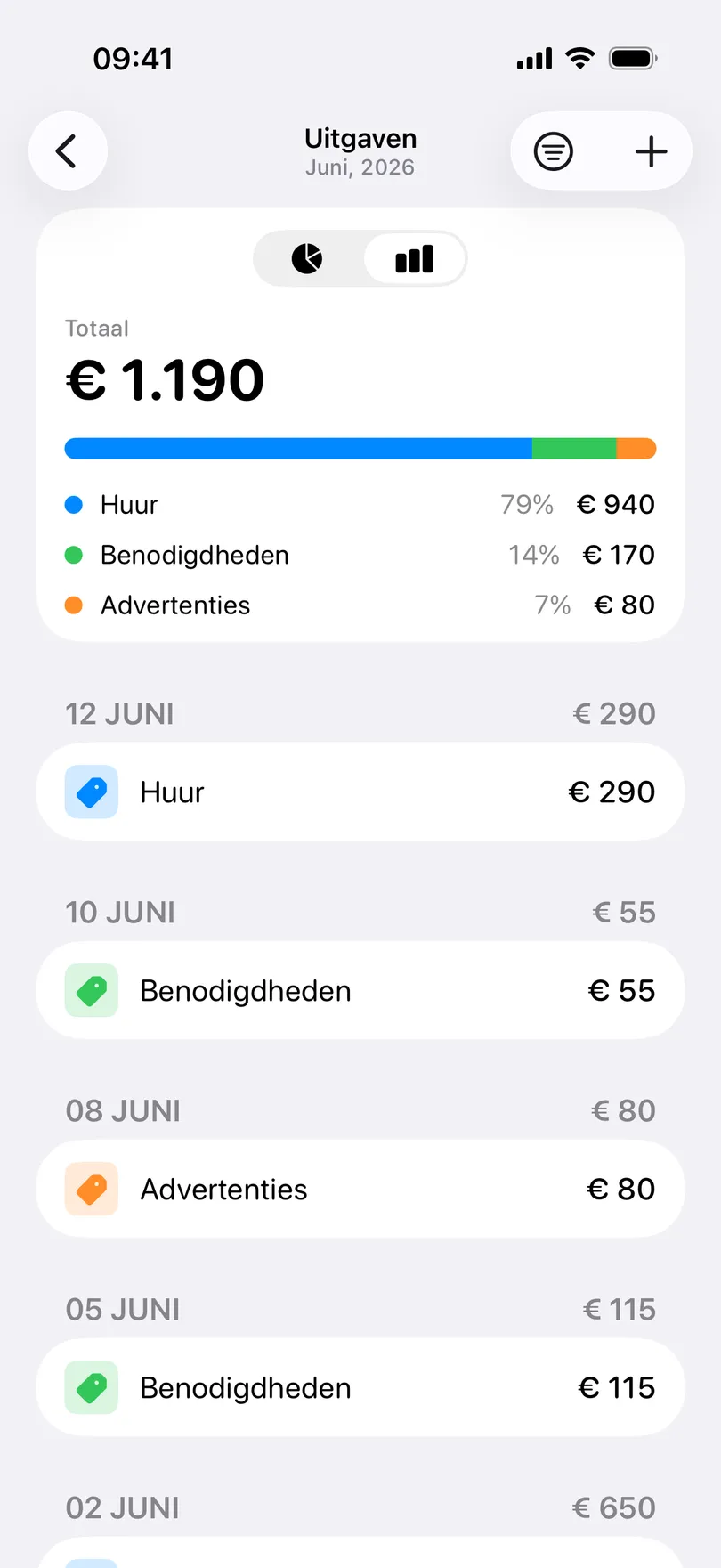Het scherm Uitgaven in My Clients voor juni 2026: totaal € 1.190, een balk verdeeld over Huur, Benodigdheden en Advertenties, en daaronder de uitgaven per datum