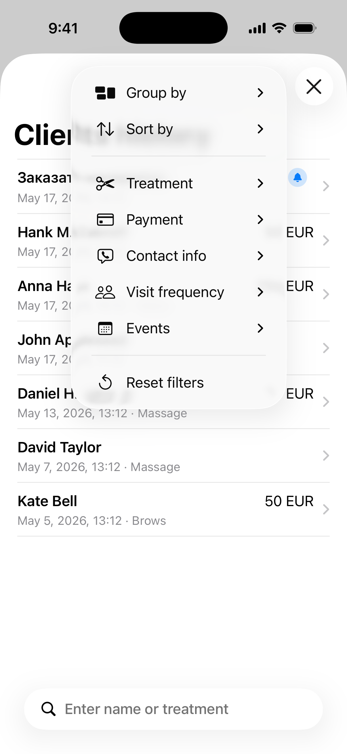 Filter panel on the client history screen showing the full list of filter categories