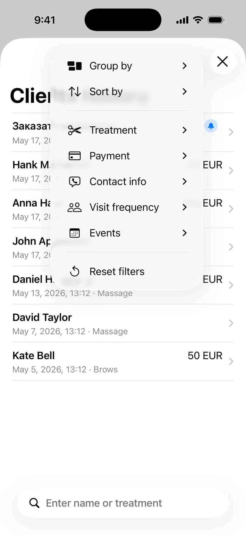 The filter menu of the client list in My Clients: Group by, Sort by, Service, Payment, Contact info, Visit frequency, Events, Reset filters