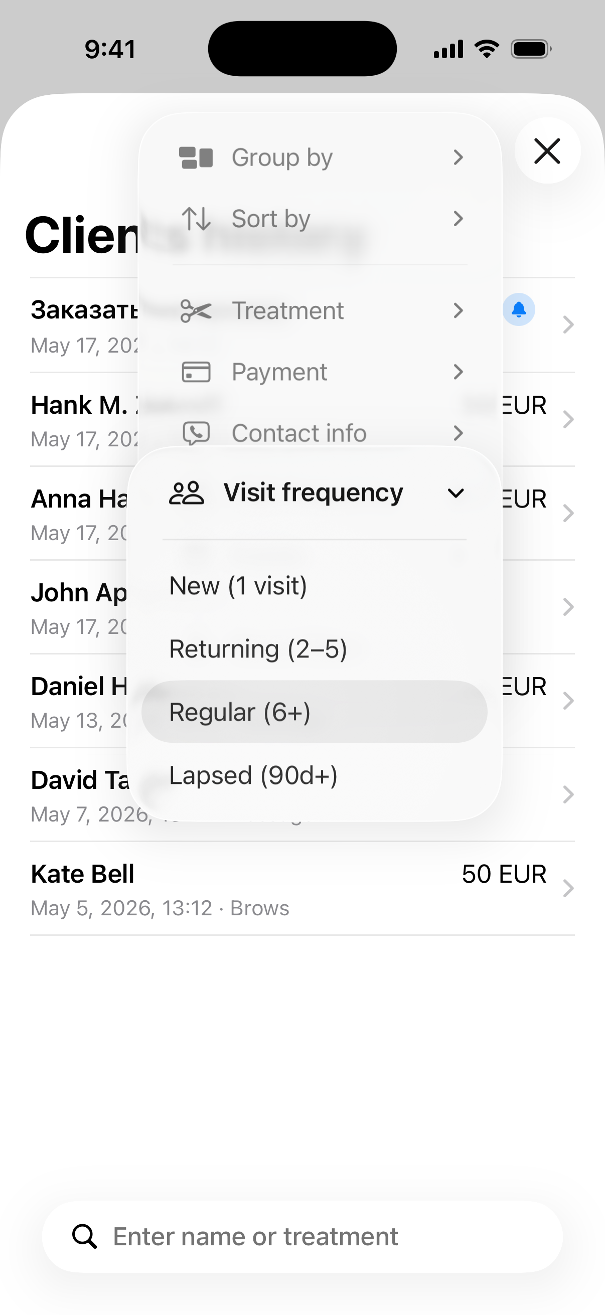 Visit Frequency filter expanded showing New, Returning, Regular, and Lapsed options