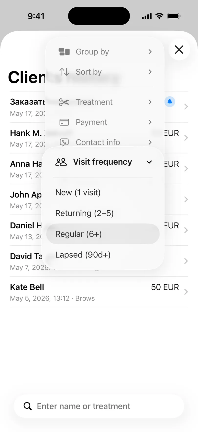 The Visit frequency filter in My Clients: New (1 visit), Returning (2–5), Regular (6+), Lapsed (90d+)