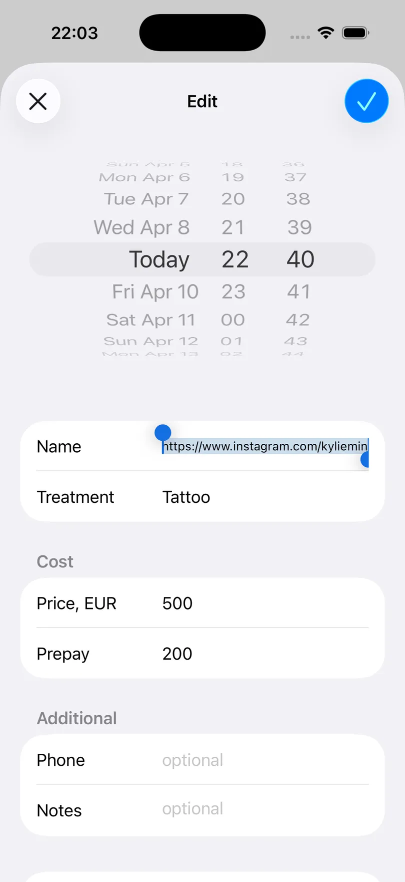 The appointment form in My Clients with an Instagram profile URL pasted into the Name field