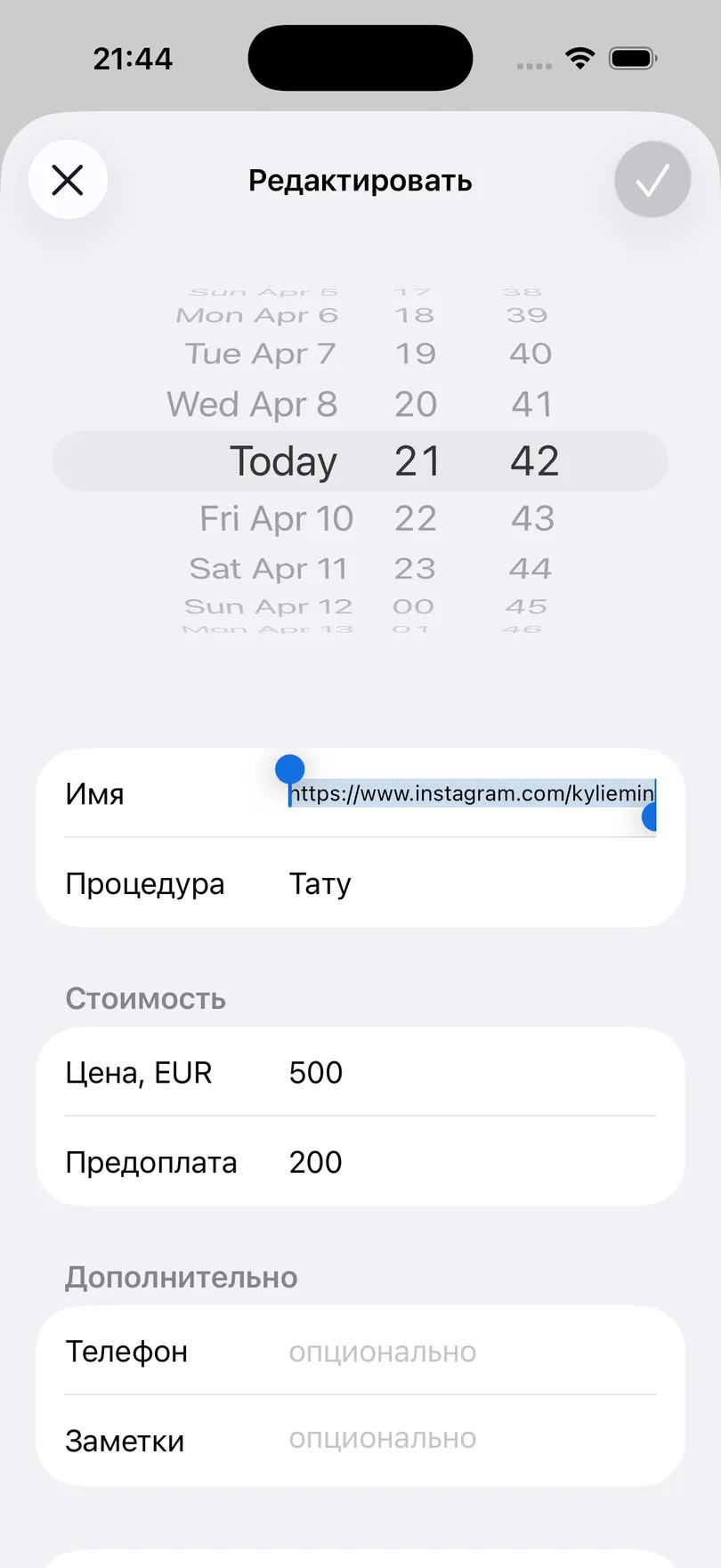 Форма записи в приложении Мои Клиенты со вставленной в поле имени ссылкой на профиль в Instagram