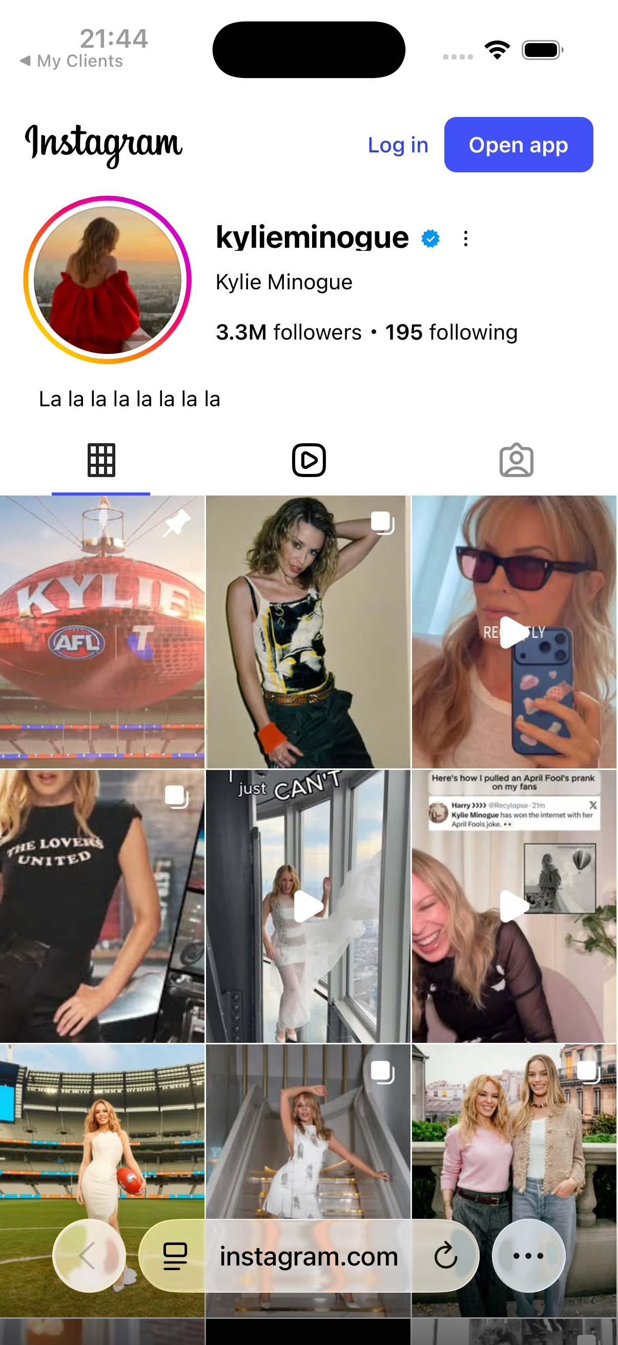 Client's Instagram profile opened directly from the appointment