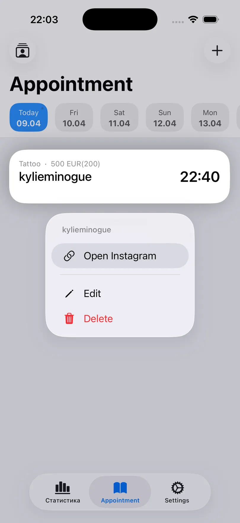 The long-press menu on an appointment in My Clients on iPhone: Open Instagram, Edit, Delete