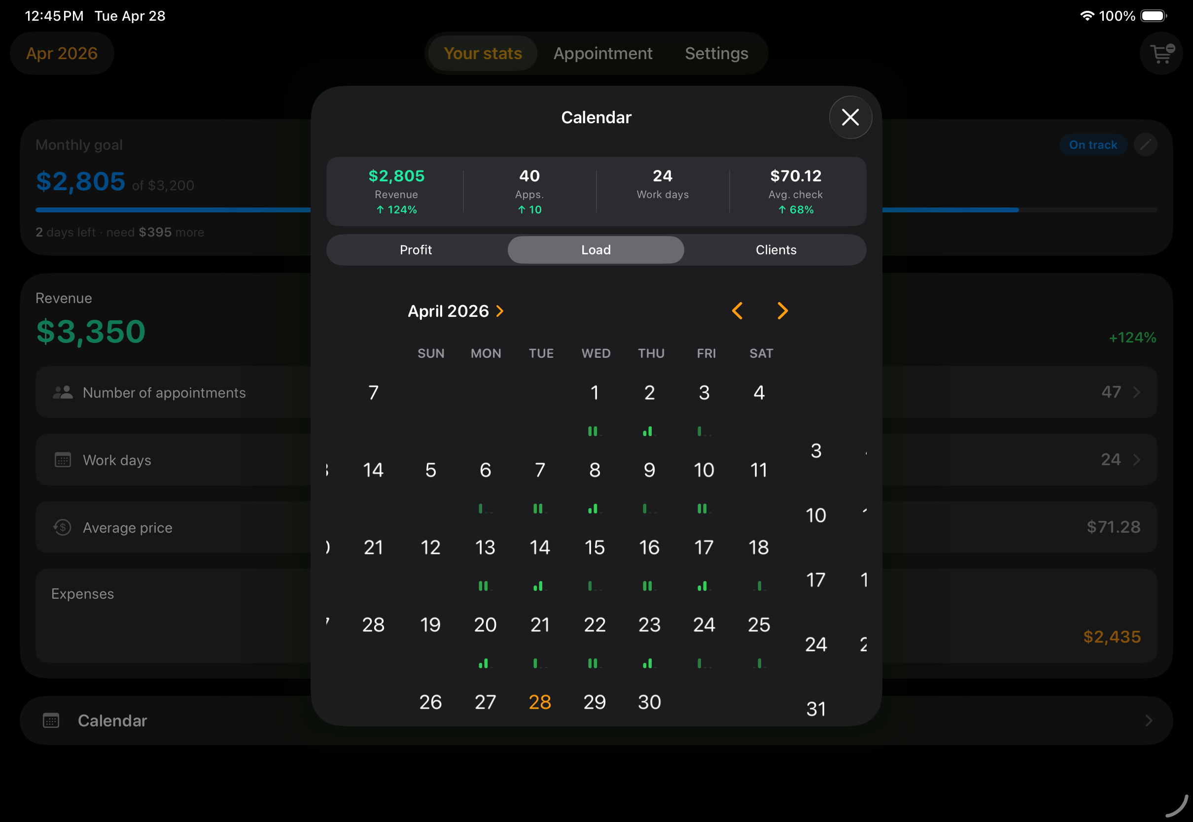 Calendar load and monthly income goal in the My Clients app