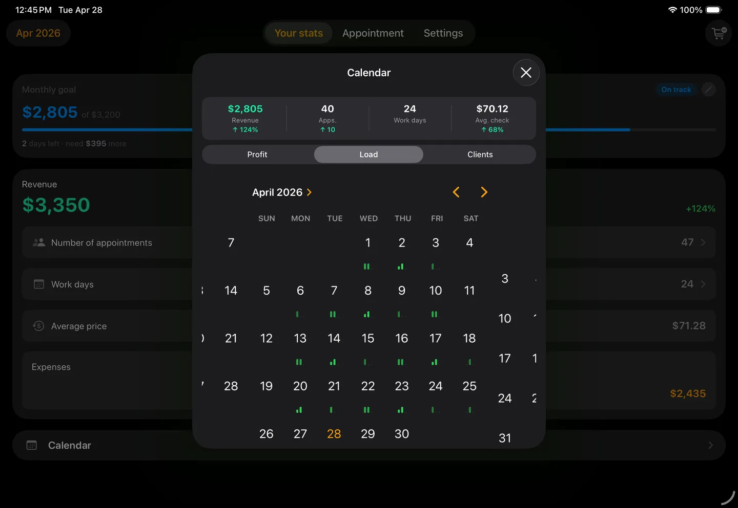 Calendar load and monthly income goal shown together in the app