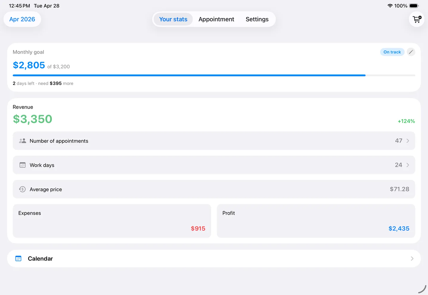 Monthly income and appointment statistics in the app