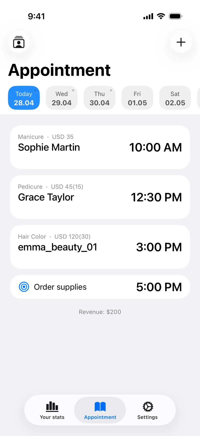 The Appointments tab of My Clients: a strip of days, the selected day's appointments with service, price and time, and the day's revenue in the footer