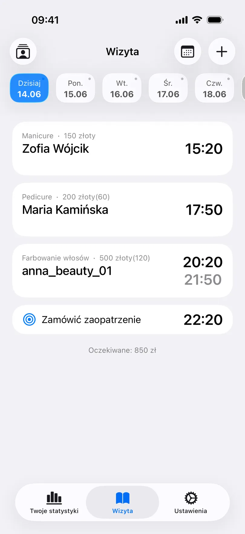 Ekran Wizyta w aplikacji My Clients z dzisiejszymi wizytami: Zofia Wójcik, manicure, 150 zł, 15:20; Maria Kamińska, pedicure, 200 zł, 17:50; anna_beauty_01, farbowanie włosów, 500 zł, 20:20