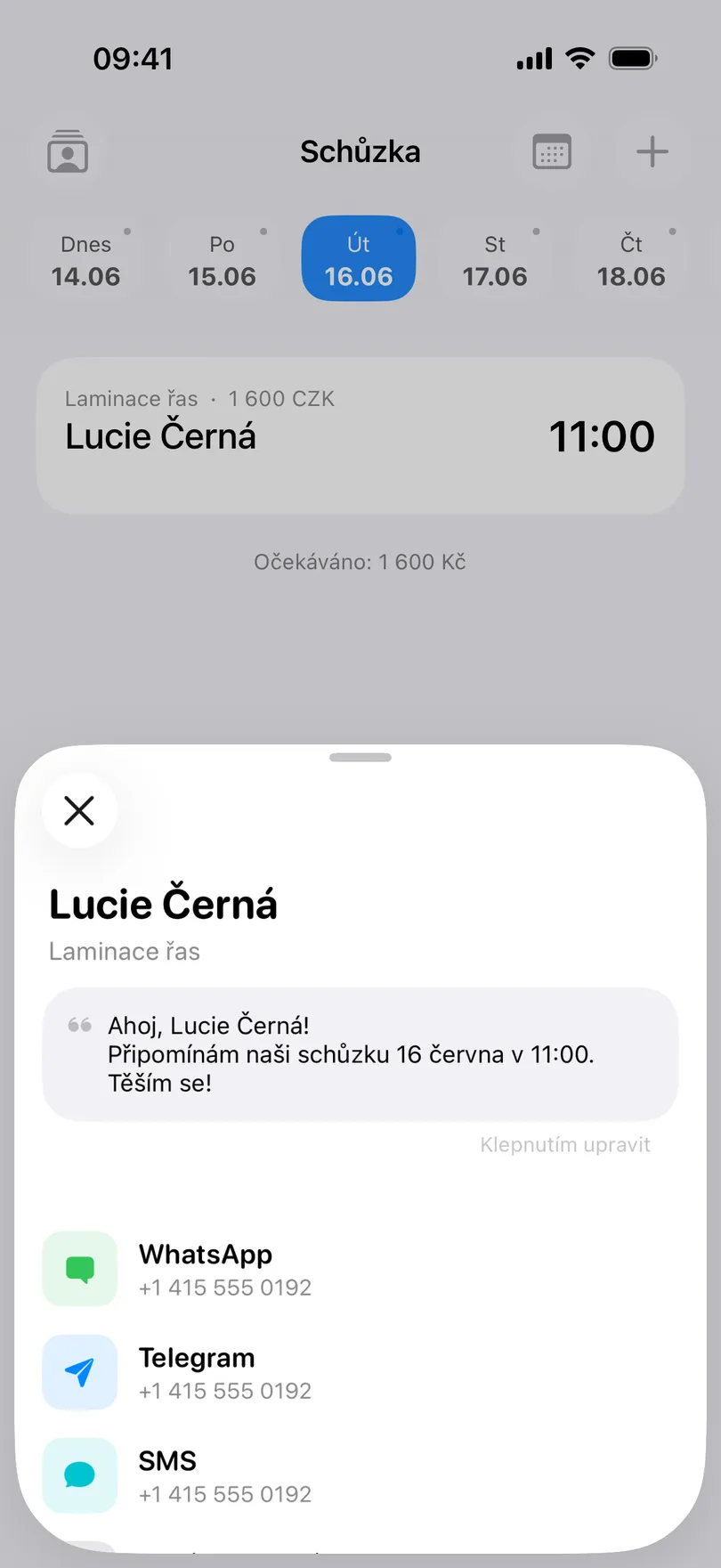 Panel Upozornit klienta v aplikaci My Clients: nahoře klientka Lucie Černá a služba Laminace řas, pod tím hotová zpráva s připomenutím schůzky 16. června v 11:00, dole řádky WhatsApp, Telegram a SMS