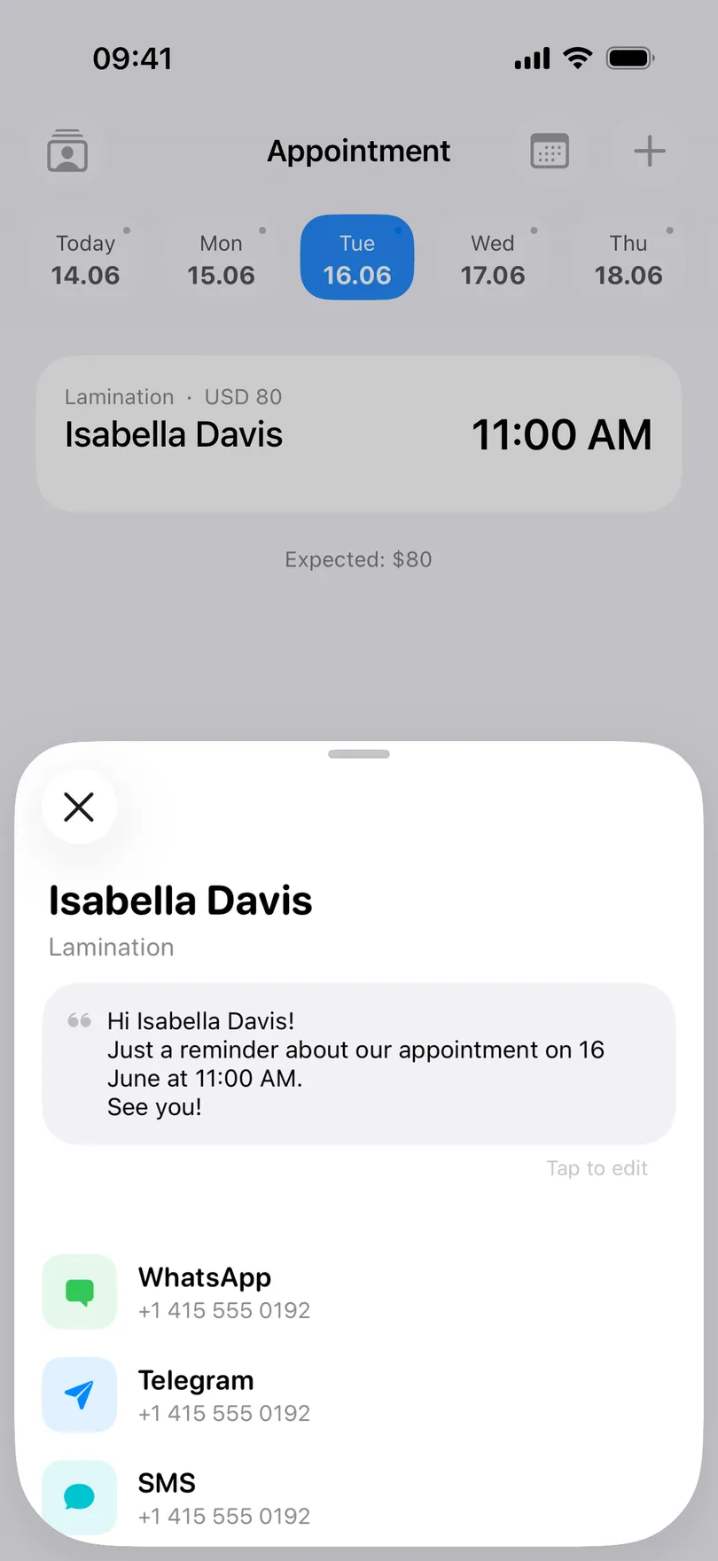 The Notify client sheet in My Clients: the client and service on top, the reminder message with name, date and time filled in, then WhatsApp, Telegram and SMS rows