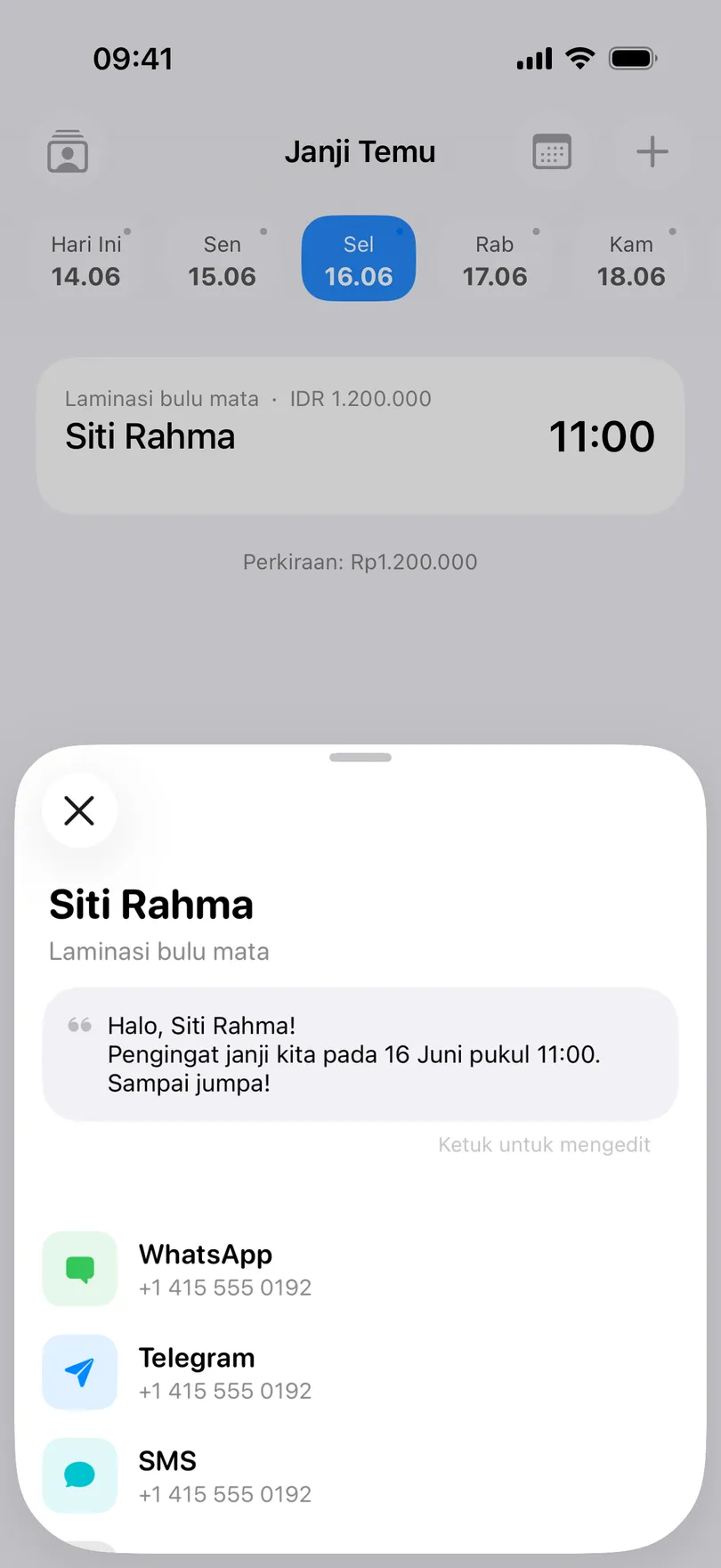 Lembar Beri tahu klien di My Clients: Siti Rahma dan layanan Laminasi bulu mata di atas, pesan pengingat dengan nama, tanggal 16 Juni, dan pukul 11:00 yang sudah terisi, lalu baris WhatsApp, Telegram, dan SMS