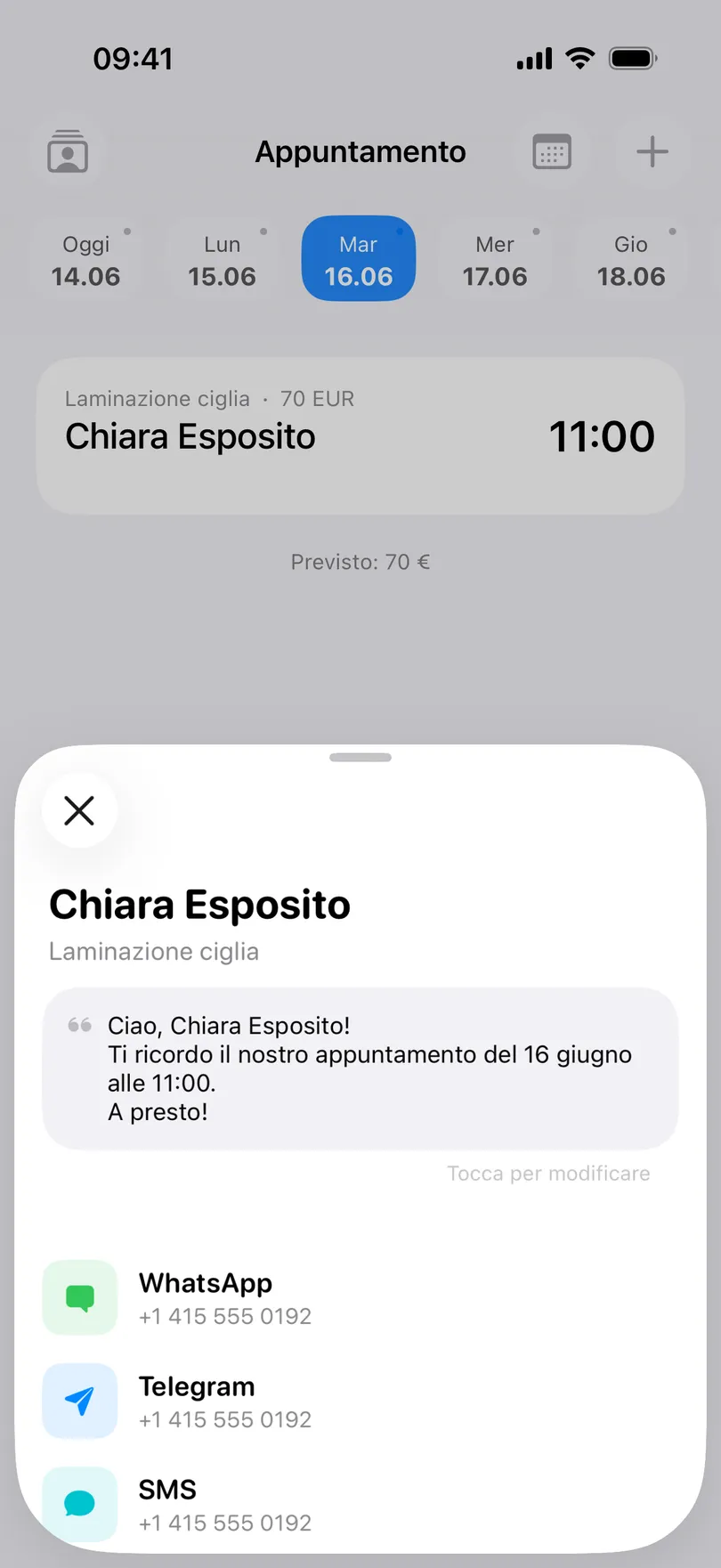 Il pannello Avvisa cliente in My Clients: in alto Chiara Esposito e la laminazione ciglia, sotto il messaggio «Ciao, Chiara Esposito! Ti ricordo il nostro appuntamento del 16 giugno alle 11:00. A presto!», poi le righe WhatsApp, Telegram e SMS