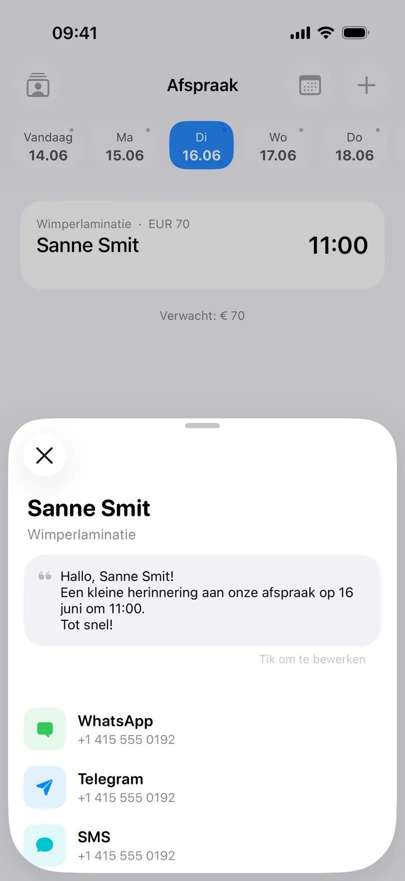Het herinneringsvenster in My Clients: bovenaan Sanne Smit en de dienst Wimperlaminatie, daaronder het ingevulde bericht voor 16 juni om 11:00, en de regels WhatsApp, Telegram en SMS