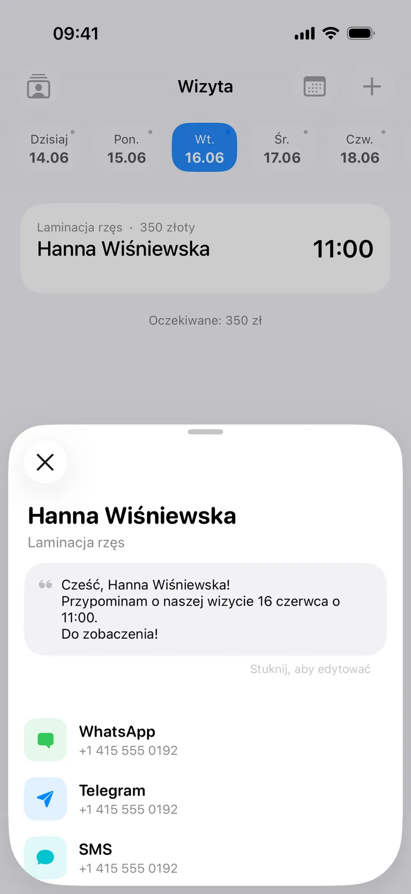 Okno Powiadom klienta w My Clients: Hanna Wiśniewska, laminacja rzęs, gotowa wiadomość o wizycie 16 czerwca o 11:00, a niżej WhatsApp, Telegram i SMS