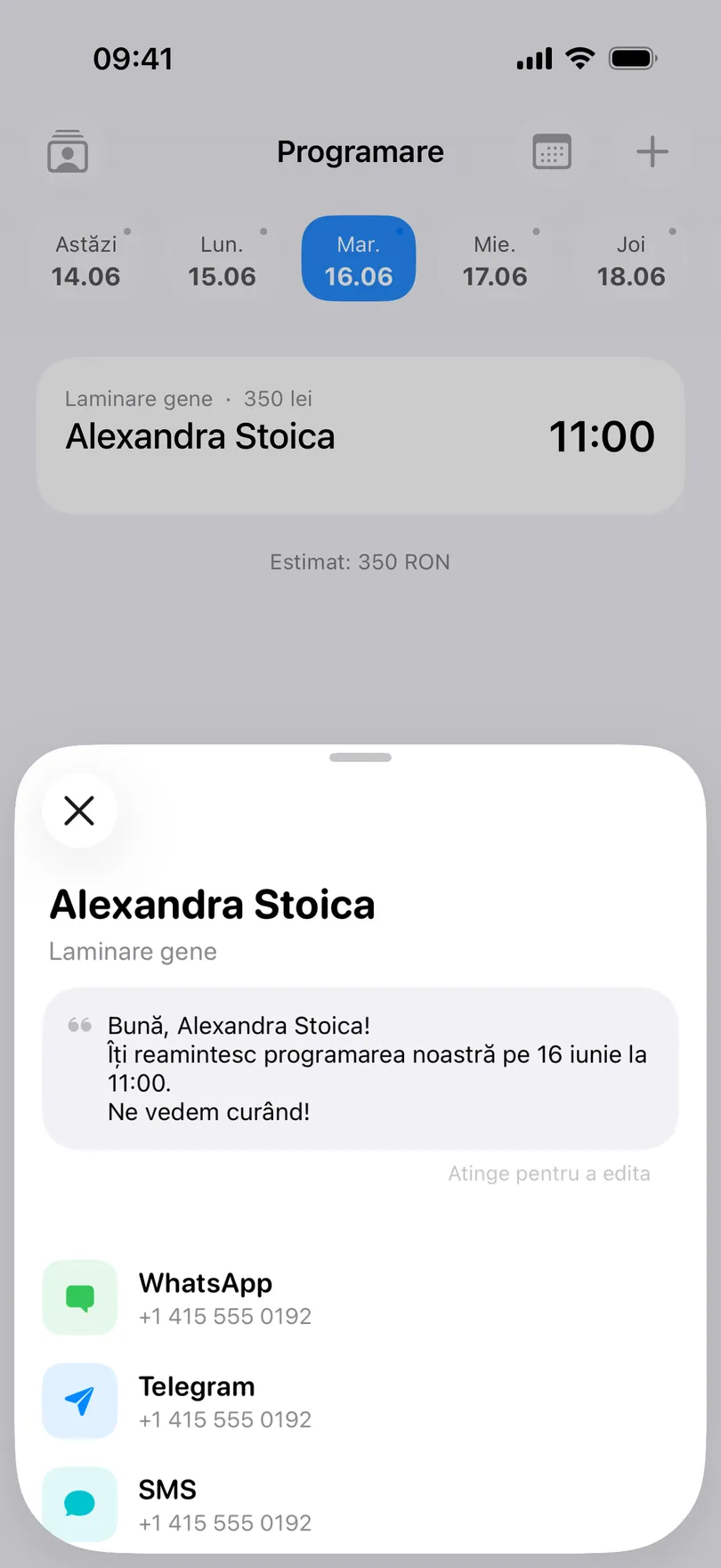 Fereastra Notifică clientul din My Clients: sus Alexandra Stoica și serviciul, laminare gene, apoi mesajul cu numele, data de 16 iunie și ora 11:00 completate, iar dedesubt rândurile WhatsApp, Telegram și SMS
