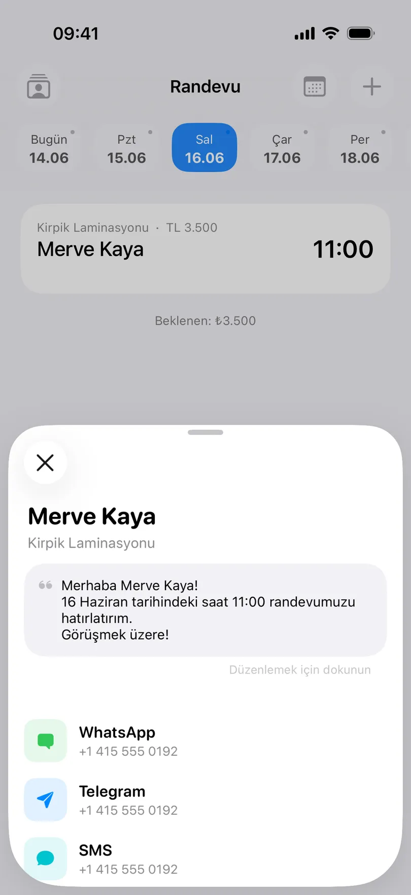 My Clients uygulamasında Müşteriye bildir penceresi: üstte Merve Kaya ve Kirpik Laminasyonu, ad, tarih ve saatin yerleştirildiği hatırlatma mesajı, altında WhatsApp, Telegram ve SMS satırları