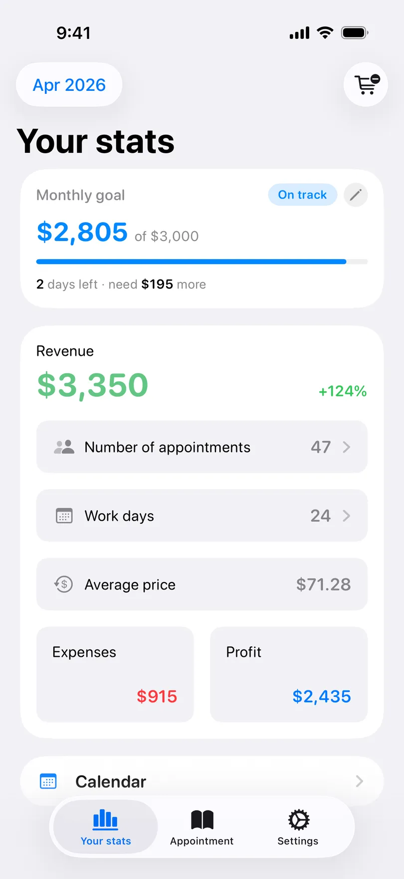 The Statistics tab in My Clients with the Monthly goal card: revenue so far of the target, an On track pill and days left