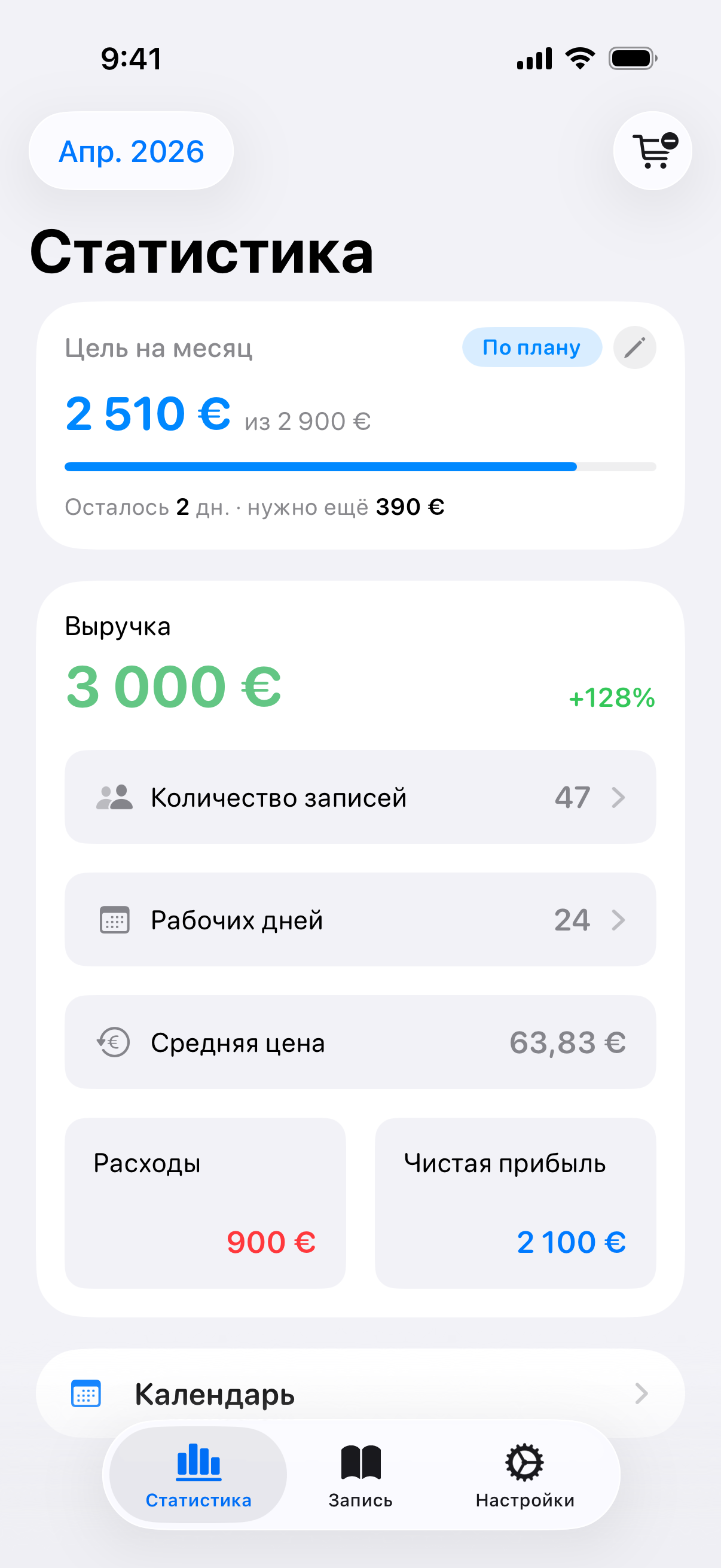 Экран статистики за месяц — доход, количество записей, рабочие дни, средний чек, расходы, чистая прибыль