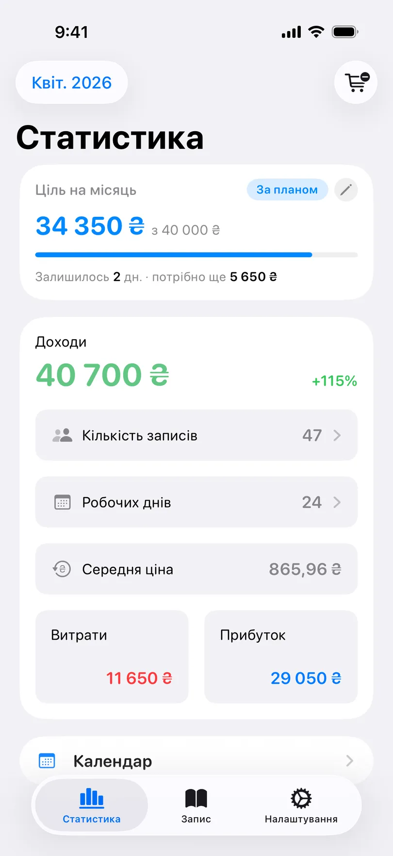 Вкладка «Статистика» застосунку Мої Клієнти з карткою «Ціль на місяць»: зароблене з цілі, позначка «За планом» і скільки днів лишилося