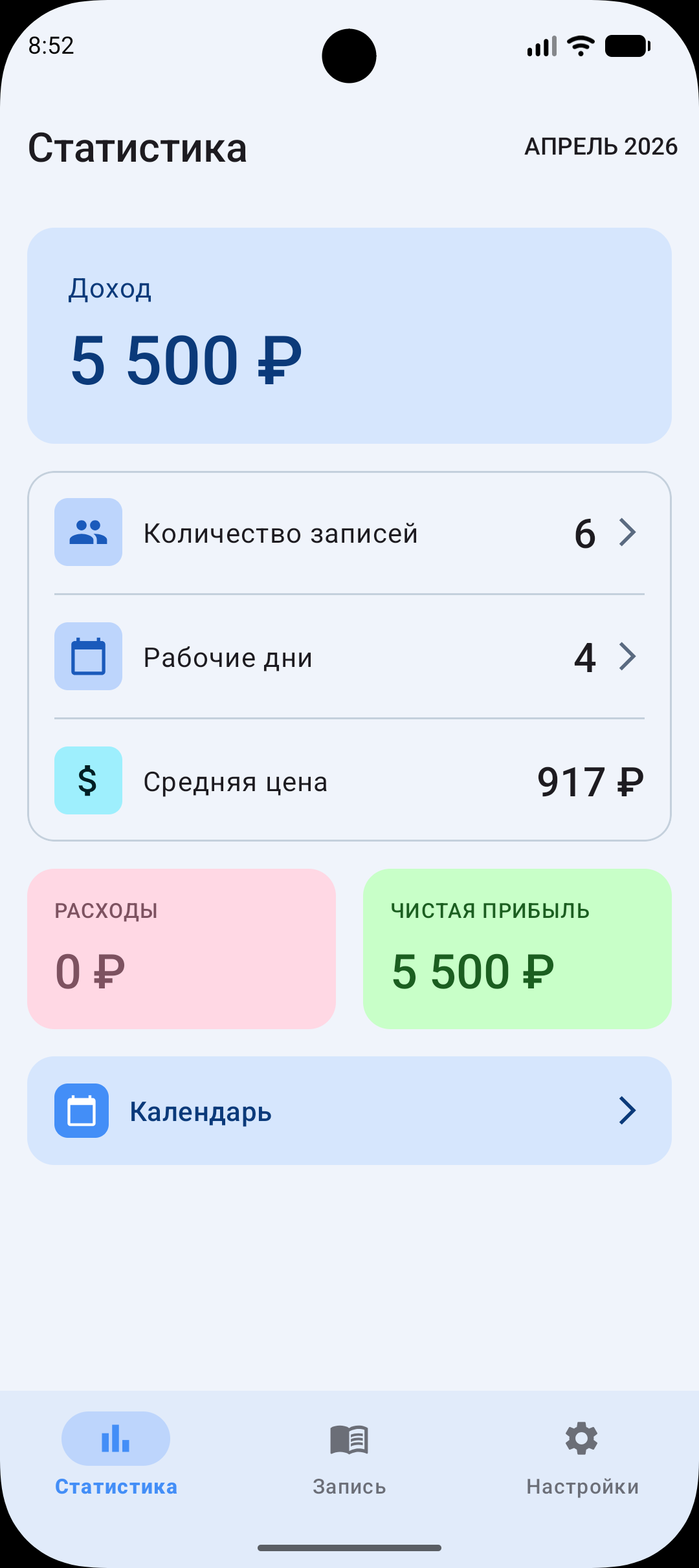Monthly statistics screen showing income, bookings count, working days, average price, expenses and net profit