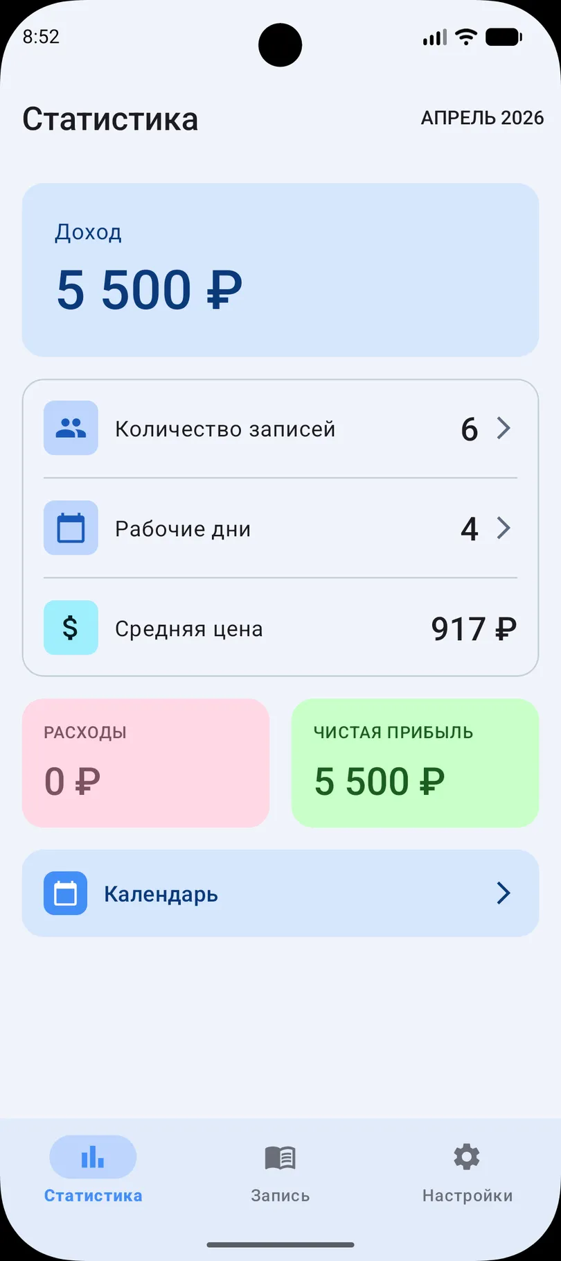 Monthly statistics screen showing income, bookings count, working days, average price, expenses and net profit